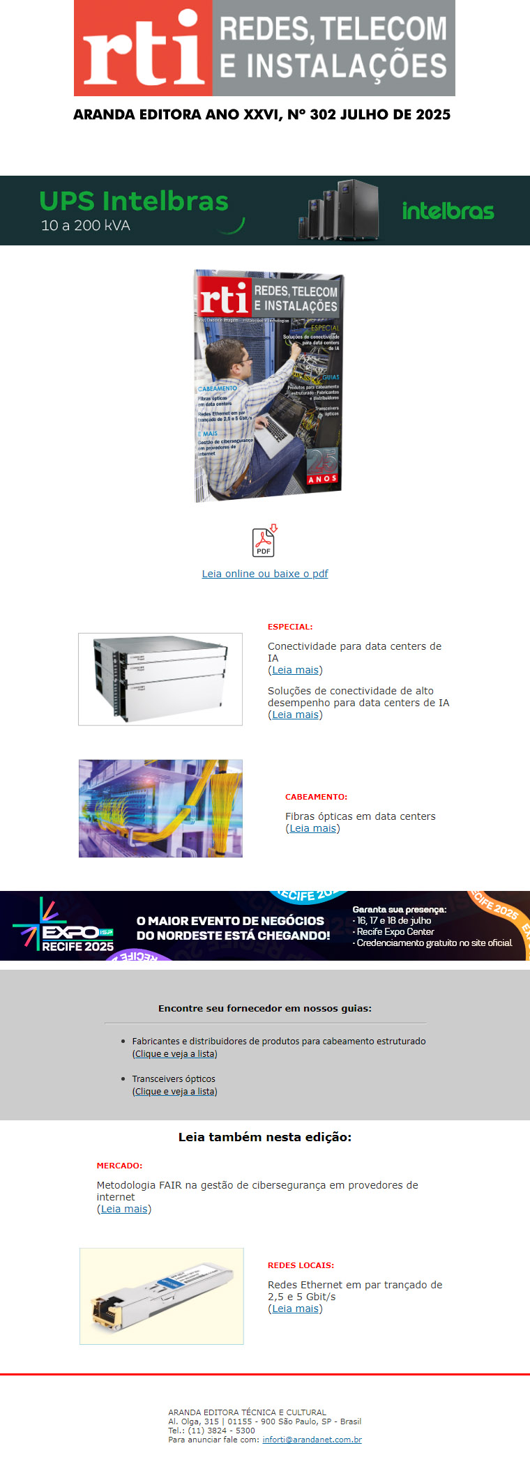 Conectividade para data centers, fornecedores de cabling, transceivers ópticos e muito mais, na nova RTI